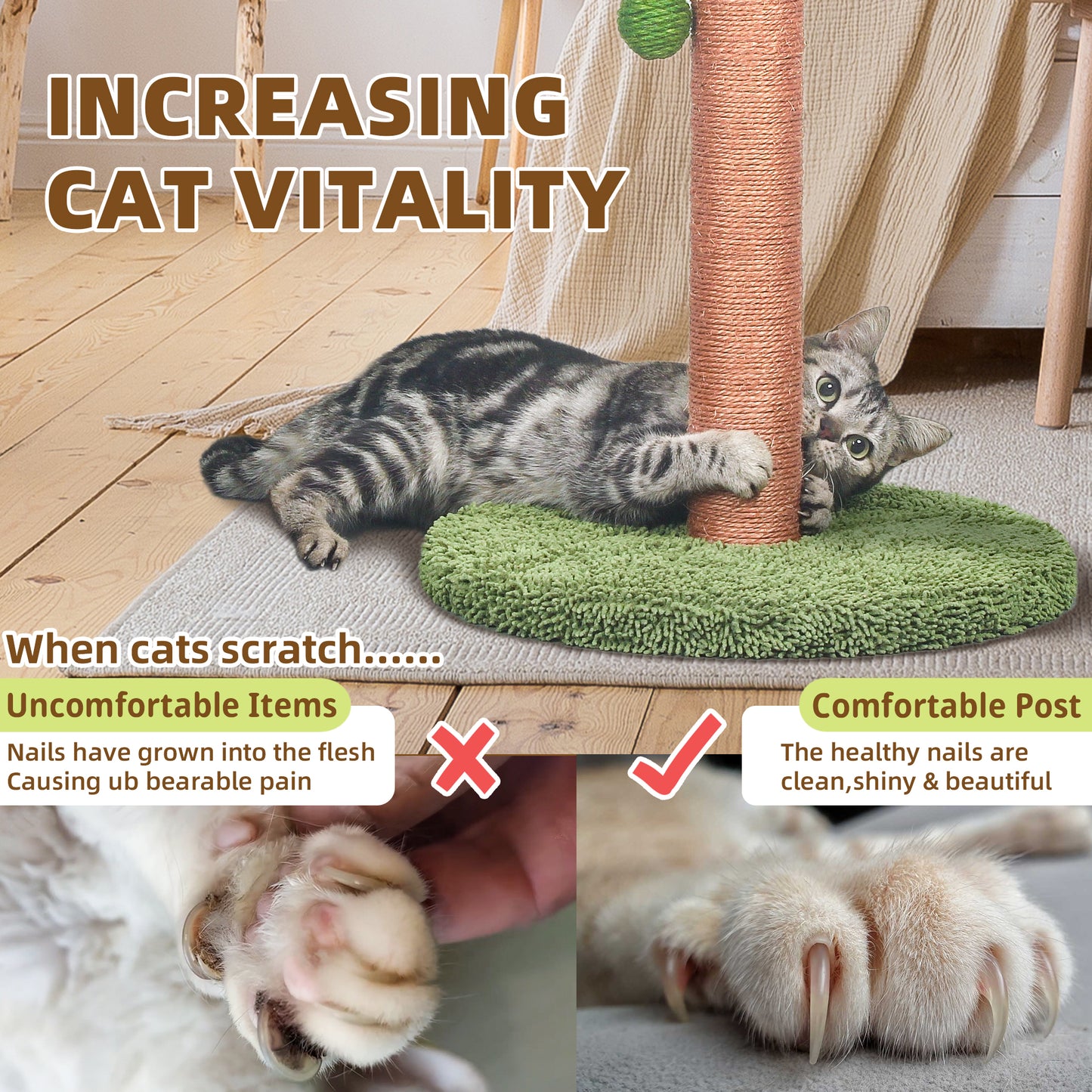 Cat Scratching Post 33 inch with Sisal Rope for Indoor Cats Large Kitten Scratching Post Green