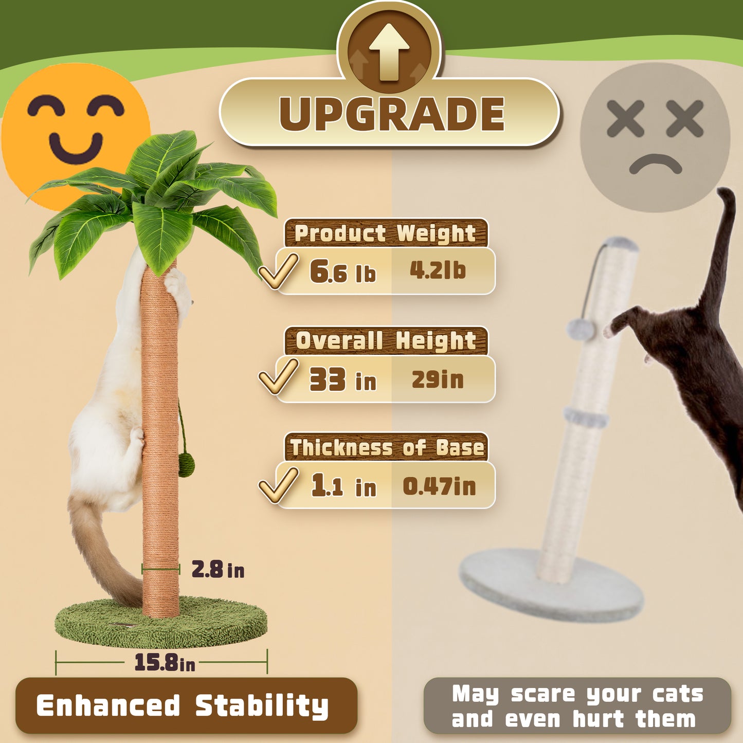 Cat Scratching Post 33 inch with Sisal Rope for Indoor Cats Large Kitten Scratching Post Green